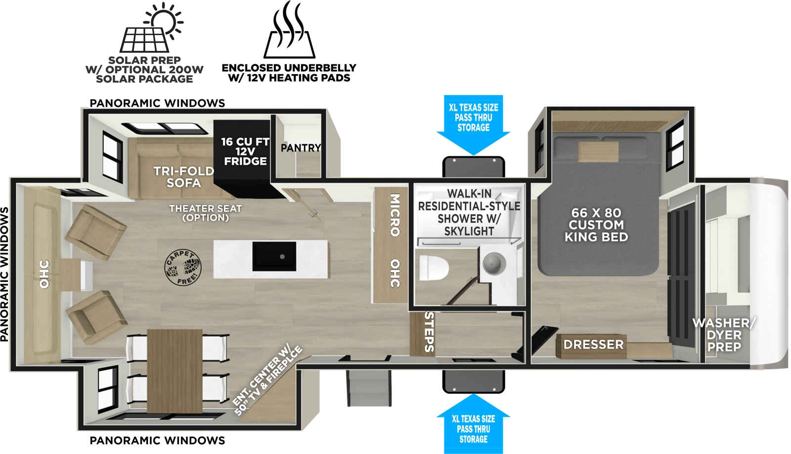 The Hemisphere Fifth Wheels 286RL has one entry and three slide outs. Exterior features include: fiberglass exterior and 13' awning. Interiors features include: kitchen island, front bedroom and rear living.